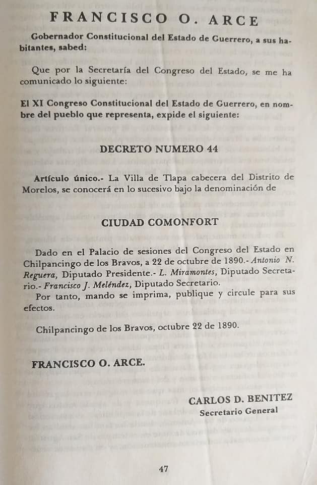 Chilpancingo de los Bravos, octubre 22 de 1890. Francisco O. Arce Carlos D.