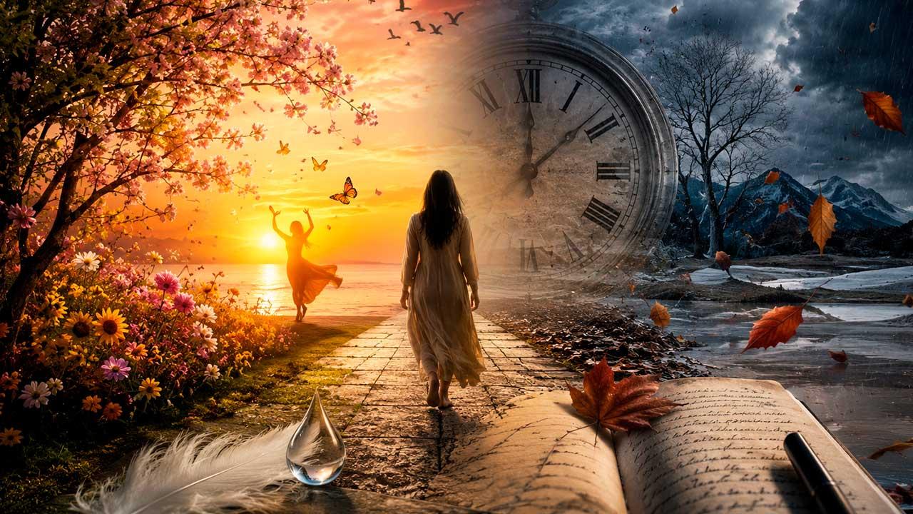 Ilustración surrealista inspirada en el paso del tiempo y las emociones humanas. Una figura femenina camina entre dos paisajes opuestos: de un lado, flores, luz y primavera; del otro, invierno, lluvia y árboles secos. Un gran reloj, hojas otoñales y un cuaderno abierto simbolizan la memoria, el dolor y el transcurrir de la vida.