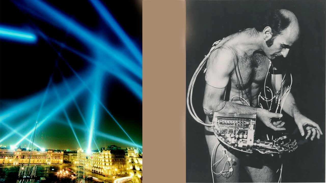 Instalación artística de luces láser azules sobre edificios en una plaza nocturna, junto a una fotografía en blanco y negro de un hombre conectado a dispositivos electrónicos.