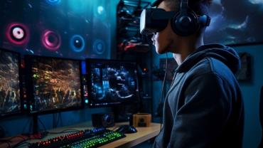 Joven gamer con lentes especializados juega en su computadora, inmerso en el ambiente de gaming