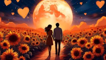 Ilustración poética de un campo de girasoles bajo una Luna roja, simbolizando el renacimiento y el amor verdadero.
