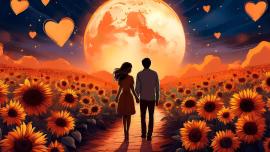 Ilustración poética de un campo de girasoles bajo una Luna roja, simbolizando el renacimiento y el amor verdadero.