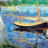 Pintura de Edouard Manet titulada "The Seine at Argenteuil", mostrando un paisaje fluvial con botes y una atmósfera tranquila.