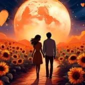 Ilustración poética de un campo de girasoles bajo una Luna roja, simbolizando el renacimiento y el amor verdadero.