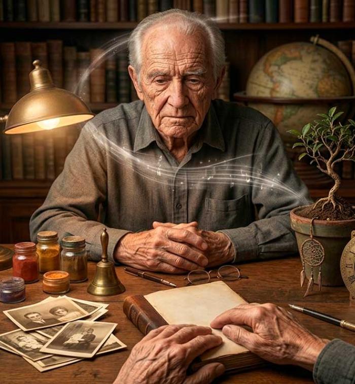 Fotografía hiperrealista en formato horizontal de un anciano en su estudio rodeado de libros, fotografías antiguas, un reloj vintage y plantas, con una sutil estela luminosa que conecta los elementos de su escritorio.